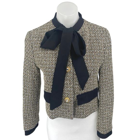Zara Beige Black Long Sleeve Tweed Bow Tie Button Up Cropped Blazer Jacket Sz XS - Picture 1 of 5